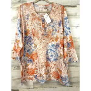 Karyn Seo Womens L XL Multi Floral Silk Blouse 3/4 Sleeve Lightweight NWT